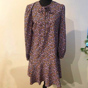 Draper James Floral Shift Dress – Tie Neck, Long Sleeve, Mini Flounce sz XS